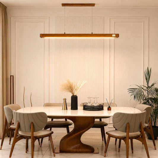 Teak Wood Pendant Light hanging over an oval dining table in a warm-lit dining room — NixWoods