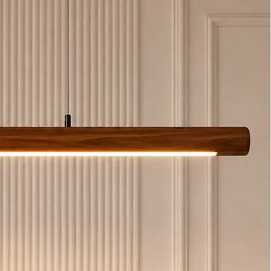 Angled close-up of the rosewood pendant end showing the LED channel and hanging wire