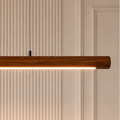 Angled close-up of the rosewood pendant end showing the LED channel and hanging wire