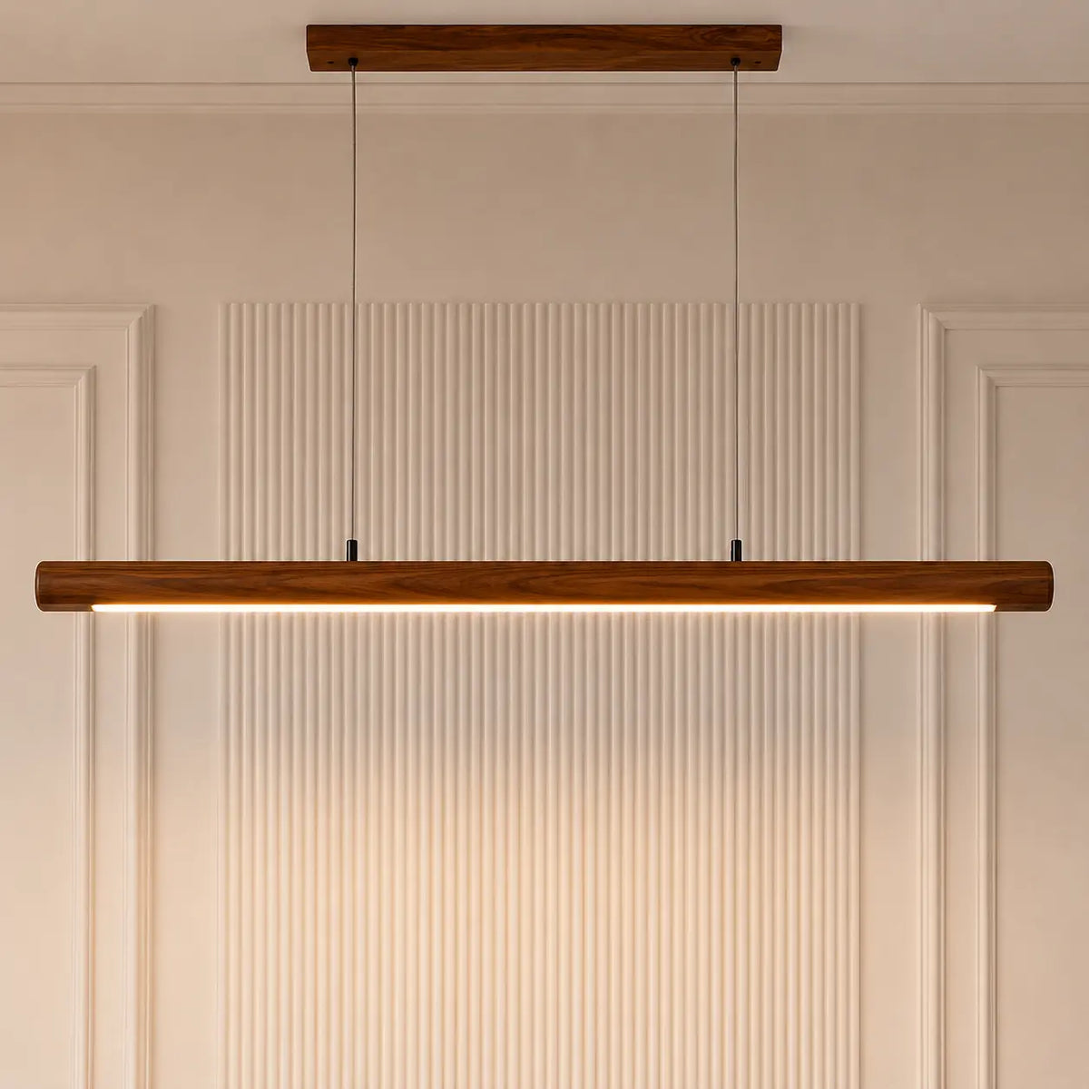 Front view of the rosewood round pendant bar with ceiling canopy against a fluted panel wall