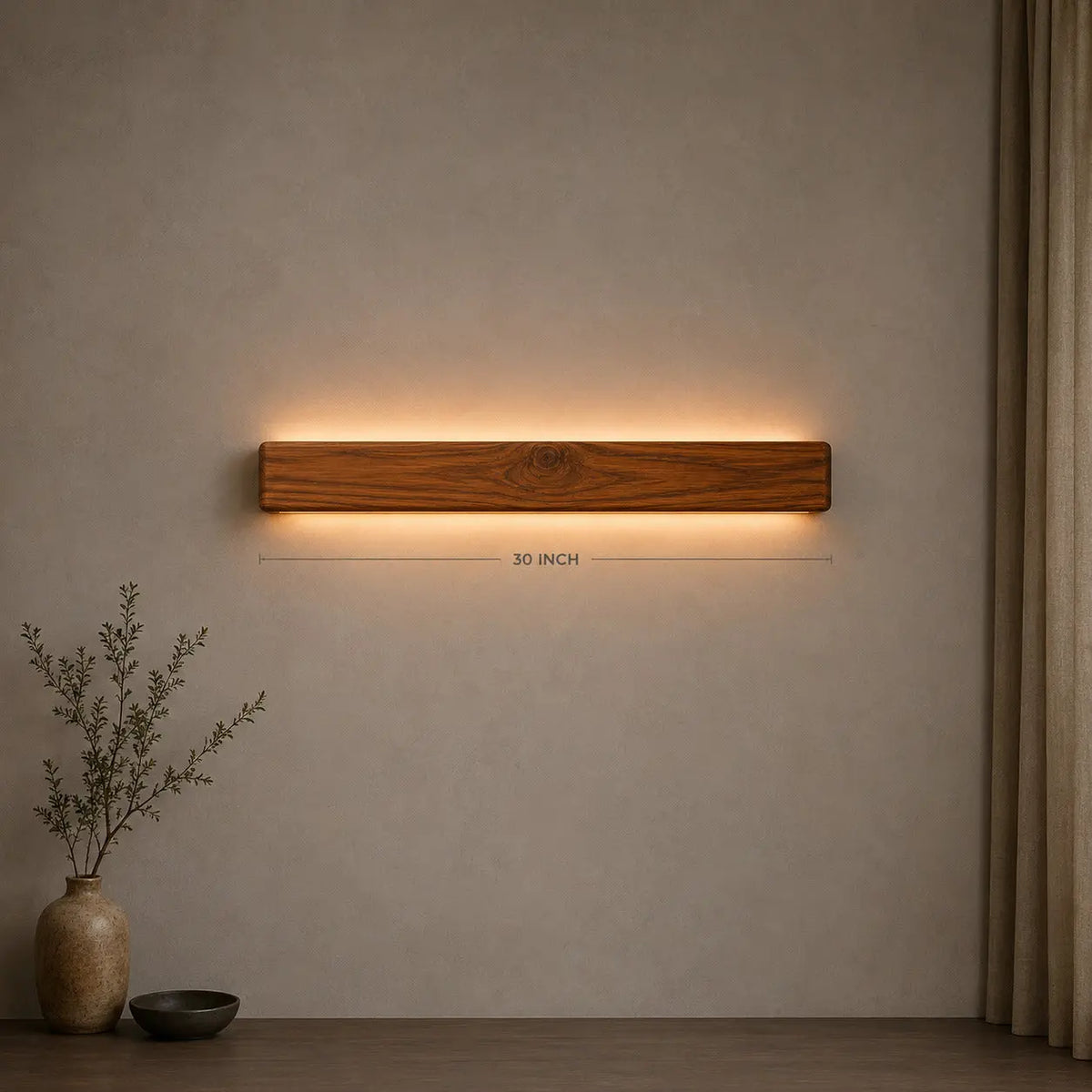 Nix Line wall light with its 30-inch length marked, solid wood with a warm LED strip