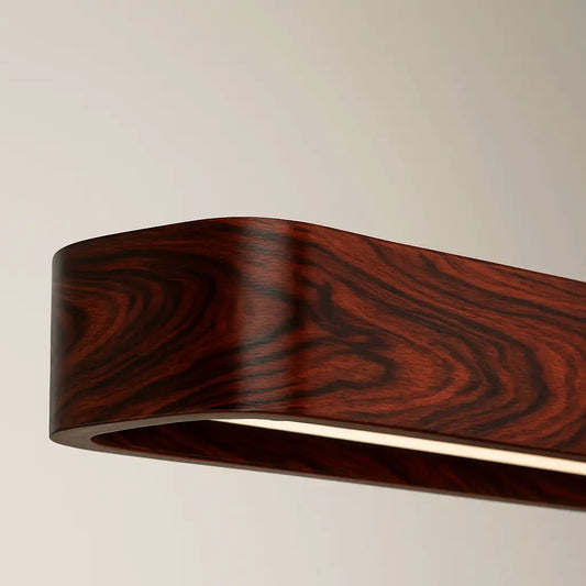 Wooden pendant light with a wavy design on a neutral background