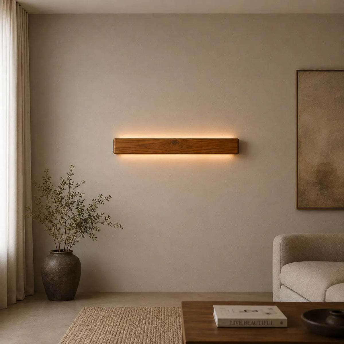 Teak wood wall light glowing warm white over a living-room seating corner
