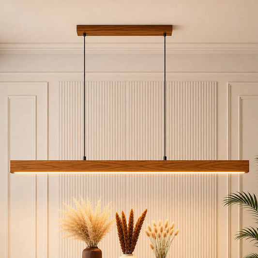 Teak linear ceiling light seen from below with wooden canopy and twin black cables