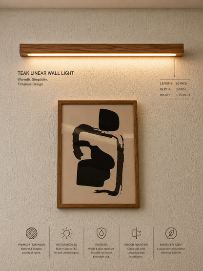NixWoods Aurora teak linear wall light mounted above framed art with warm LED glow — 40 inch, IP65-rated, integrated warm-white LED, hidden wall mounting