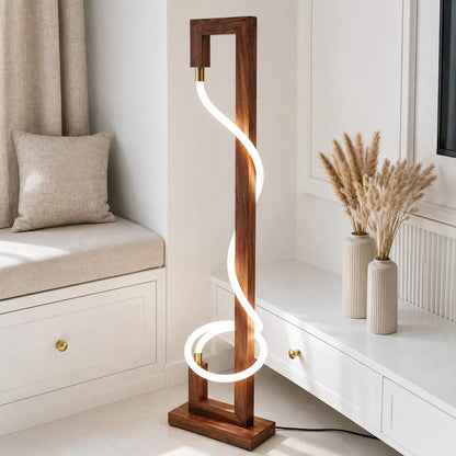 Sculpted Glow Rosewood Designer Floor Lamp with a spiral LED tube beside a white window seat