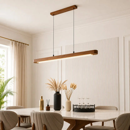 Double Arm Teak Pendant Light with twin LED strips above a marble dining table and vases