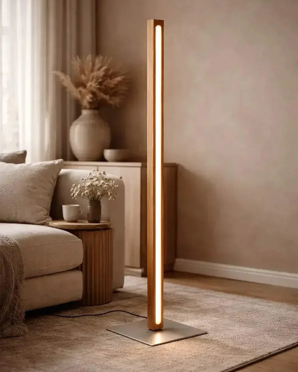 Scandinavian Teak Linear Floor Lamp lighting a living-room corner beside a sofa, solid teak column on a brushed silver base