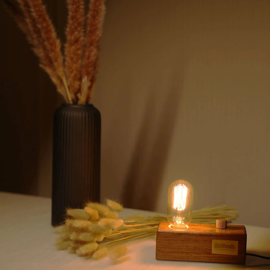 Rosewood Wood Vintage Table Lamp – Edison Bulb with Brass Dimmer | Handcrafted