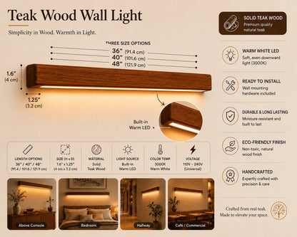 NixWoods Aurora teak wall light installed above a sofa as warm accent lighting in a living room