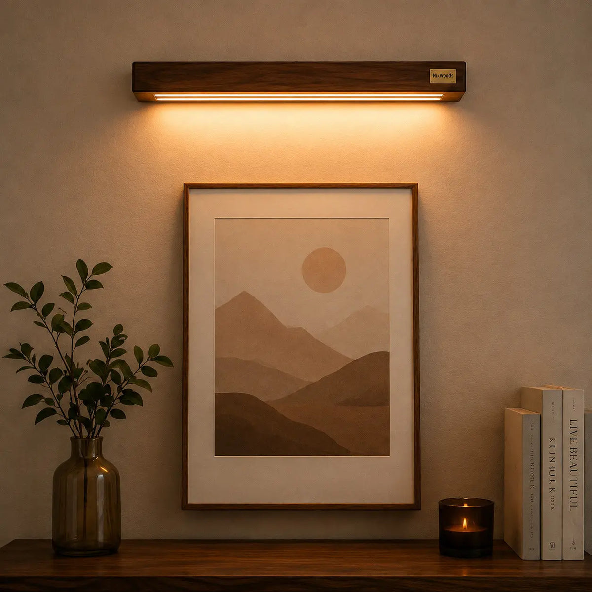 Sheesham wall light above a framed mountain print with a glass vase and candle