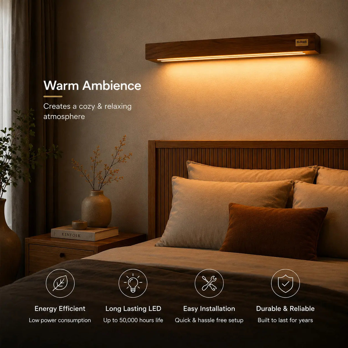 Sheesham wall light mounted above a slatted bed headboard casting a warm bedroom glow
