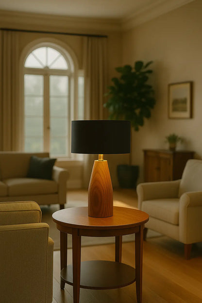 Rosewood Table Lamp with Black Fabric Shade – Modern Minimalist Wooden Lighting for Living Room & Bedroom
