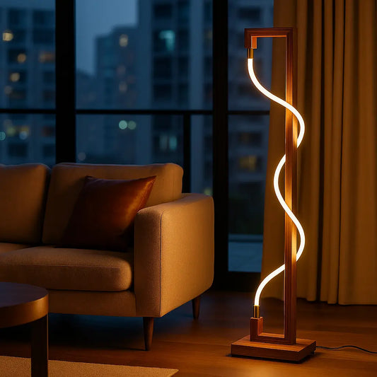 Luminous Spiral – Sculptural Sheesham Wood Floor Lamp with Dimmable Glow