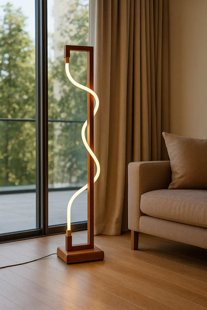 Luminous Spiral – Sculptural Sheesham Wood Floor Lamp with Dimmable Glow