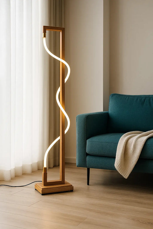 Modern floor lamp with wooden frame and curved light design in a living room setting.
