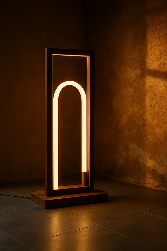 Teak Wood Floor Lamp - 360° Silicone  – Modern Arch LED Light with Remote Control