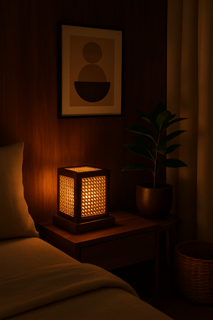 Teak Wood & Cane Glow Box Lamp – Warm Ambient Lighting with Handmade Craftsmanship