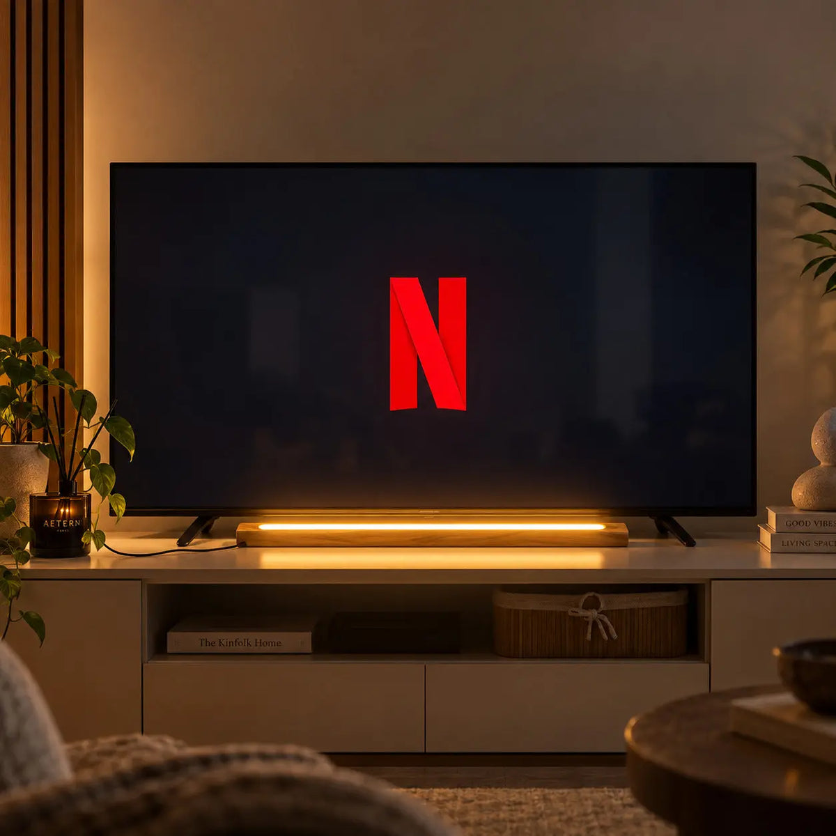 NixLine teak lamp laid flat on a TV console, warm light washing the wall below the screen