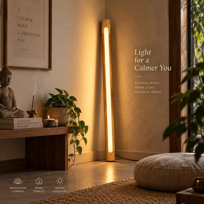 NixLine solid teak floor lamp leaning in a calm corner with a plant and small Buddha figure