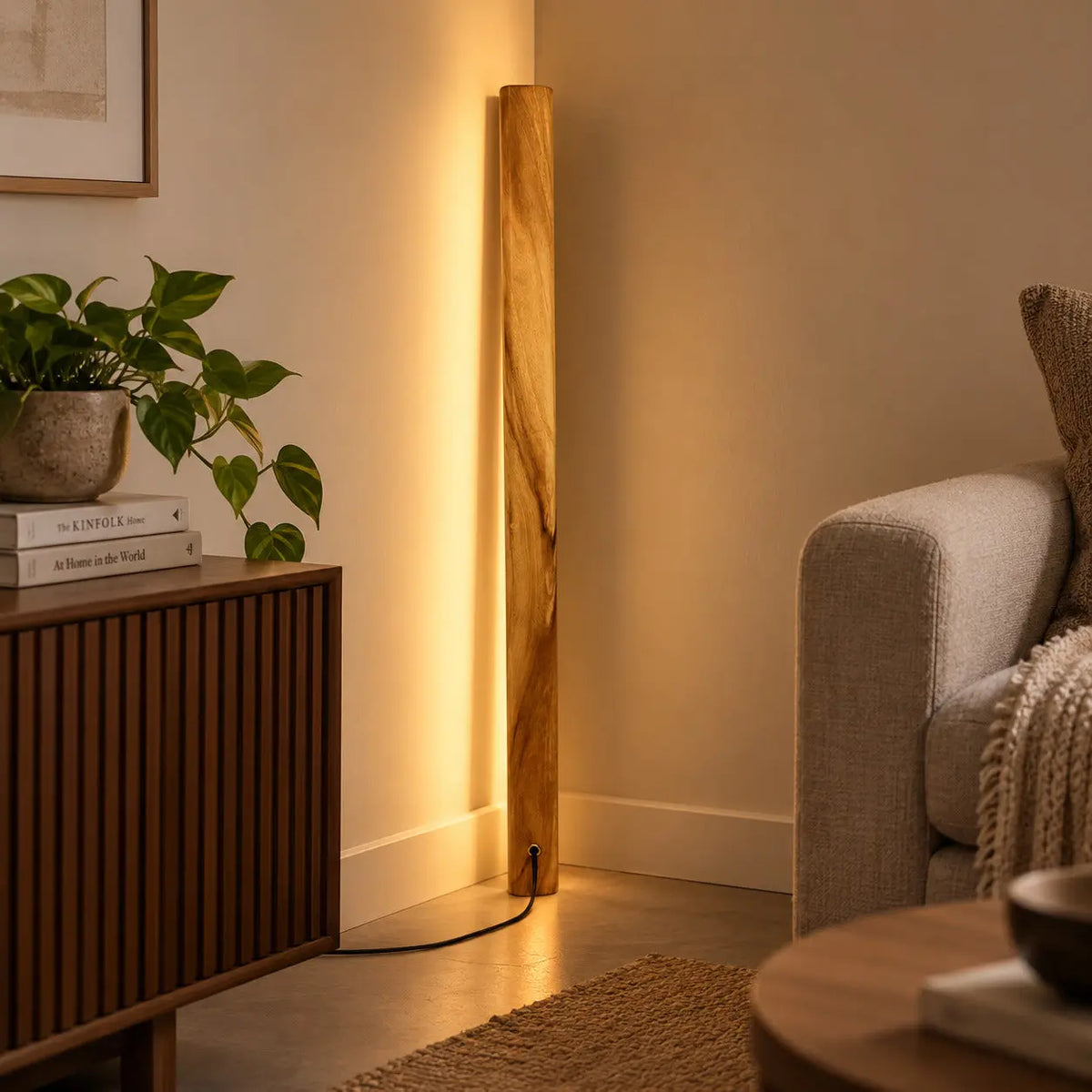 NixLine teak floor lamp leaning against a wall beside a slatted cabinet, warm LED glow