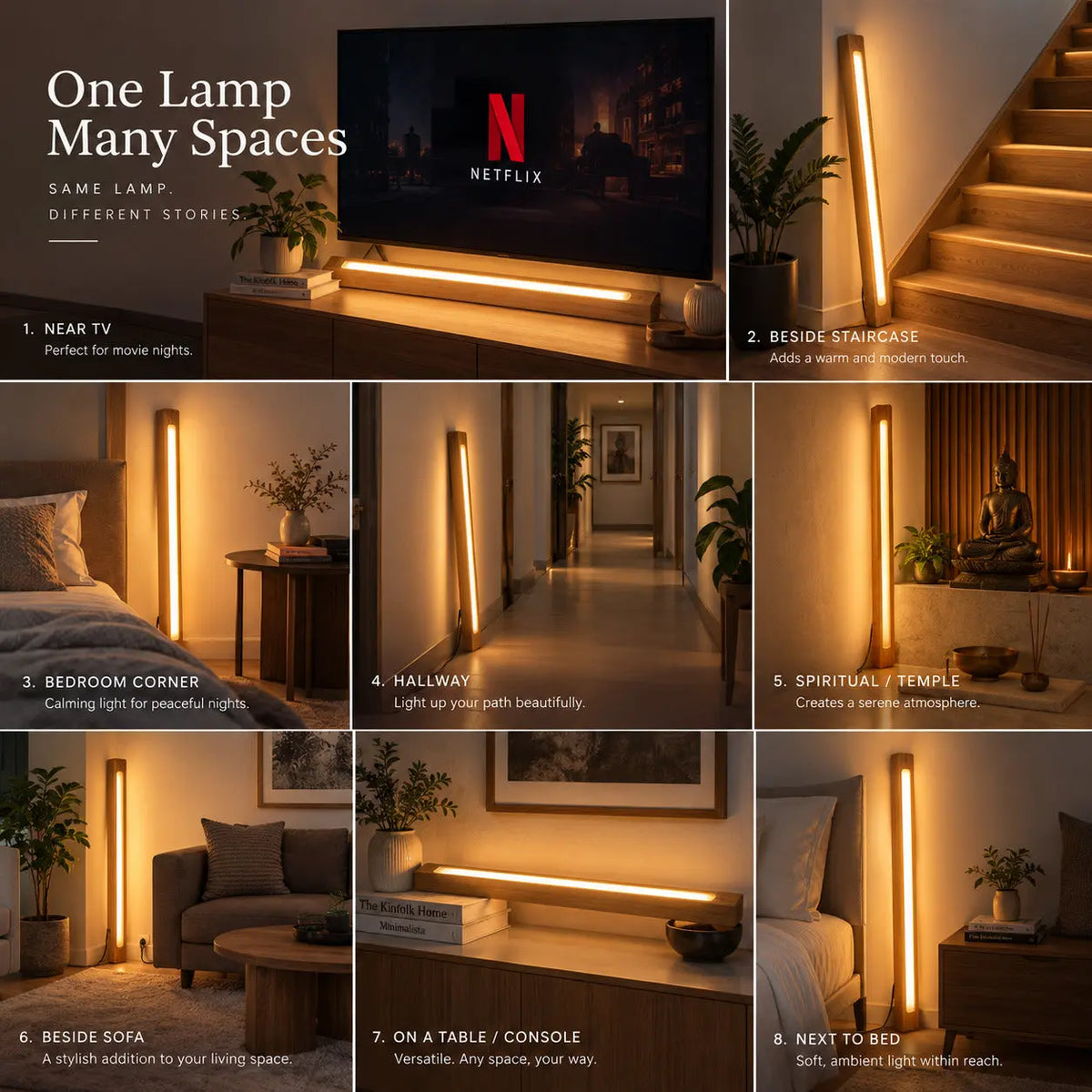 NixLine teak lamp shown in eight spots: near a TV, by stairs, bedroom, hallway, beside a sofa and next to a bed