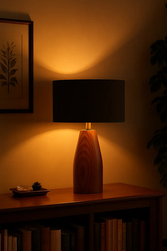 Rosewood Table Lamp with Black Fabric Shade – Modern Minimalist Wooden Lighting for Living Room & Bedroom