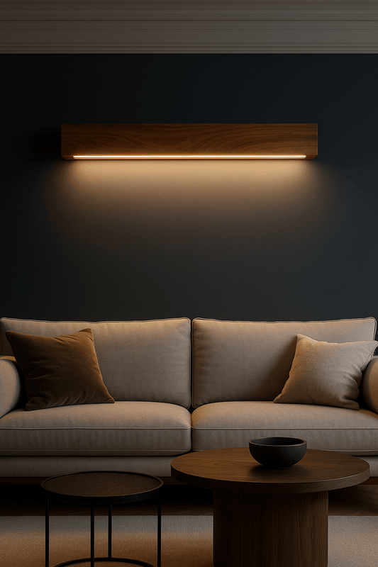 Modern living room with a gray sofa, wooden coffee table, and wall-mounted light fixture.