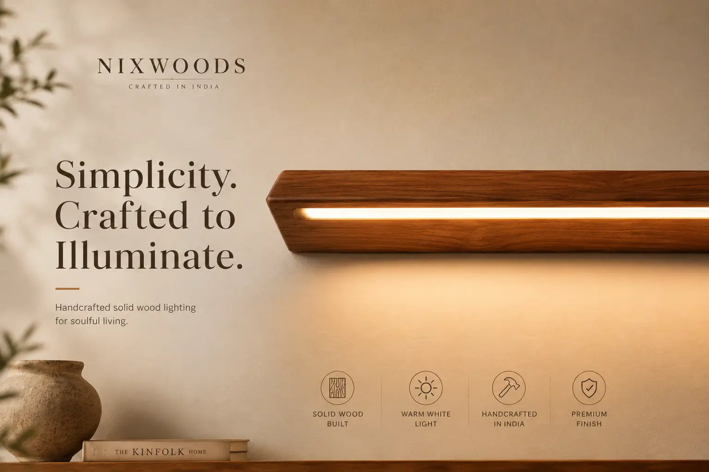 NixWoods solid wood lighting brand banner - solid teak, warm white LED, handcrafted in India