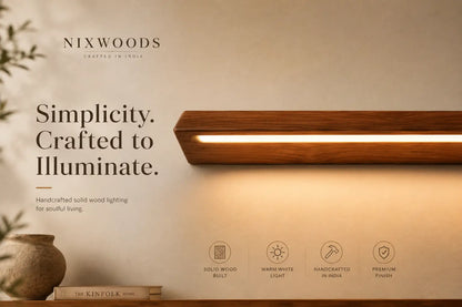 NixWoods solid wood lighting brand banner - solid teak, warm white LED, handcrafted in India