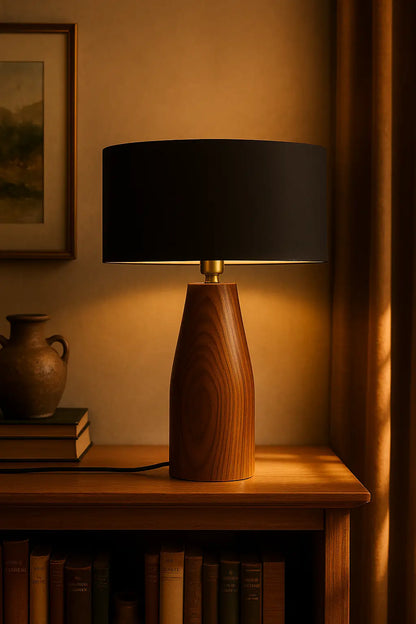 Rosewood Table Lamp with Black Fabric Shade – Modern Minimalist Wooden Lighting for Living Room & Bedroom