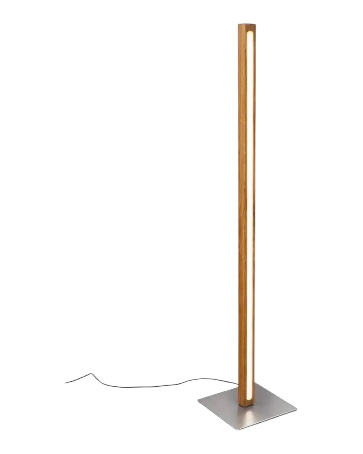 Scandinavian Teak Linear Floor Lamp on a plain white background — full slim teak column, integrated warm LED strip and square brushed silver base