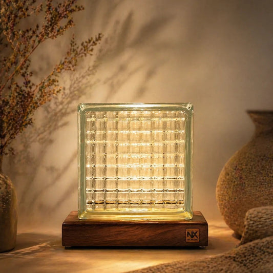 Rubik's Cube Table Lamp – Handcrafted Sheesham Wood & Warm Glass Light