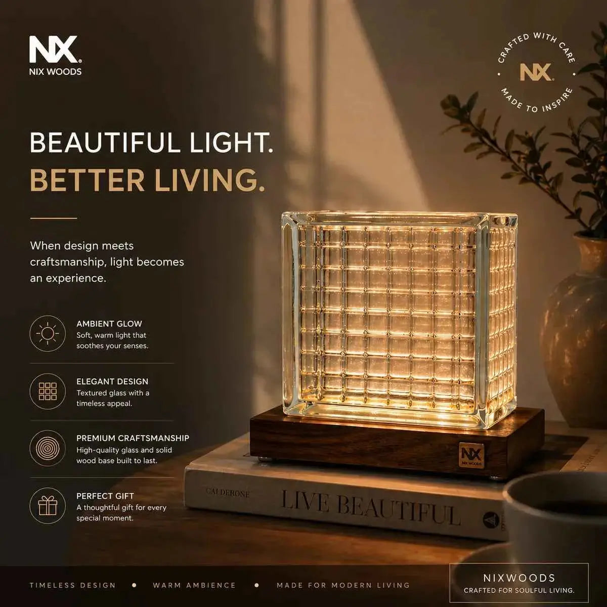 Rubik's Cube Table Lamp – Handcrafted Sheesham Wood & Warm Glass Light