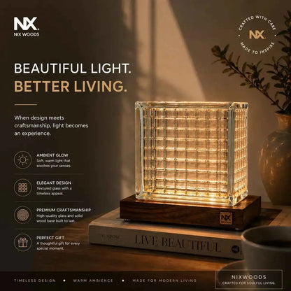 Rubik's Cube Table Lamp – Handcrafted Sheesham Wood & Warm Glass Light