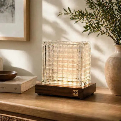 Rubik's Cube Table Lamp – Handcrafted Sheesham Wood & Warm Glass Light