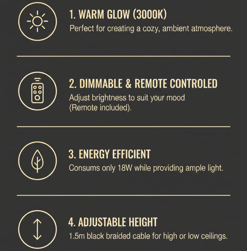 Pendant light features - warm 3000K glow, dimmable with remote, 18W, adjustable 1.5m cable - NixWoods