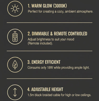 Pendant light features - warm 3000K glow, dimmable with remote, 18W, adjustable 1.5m cable - NixWoods