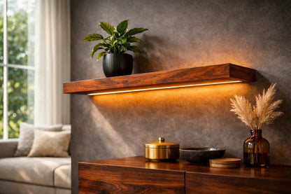 Rosewood Floating Wall Light Shelf – Modern LED Wall Sconce Lighting Walnut | Nixwoods