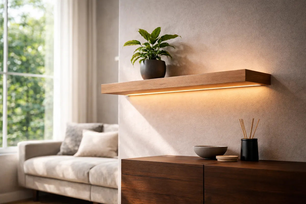 Modern living room with a wooden shelf, plant, and decorative items.