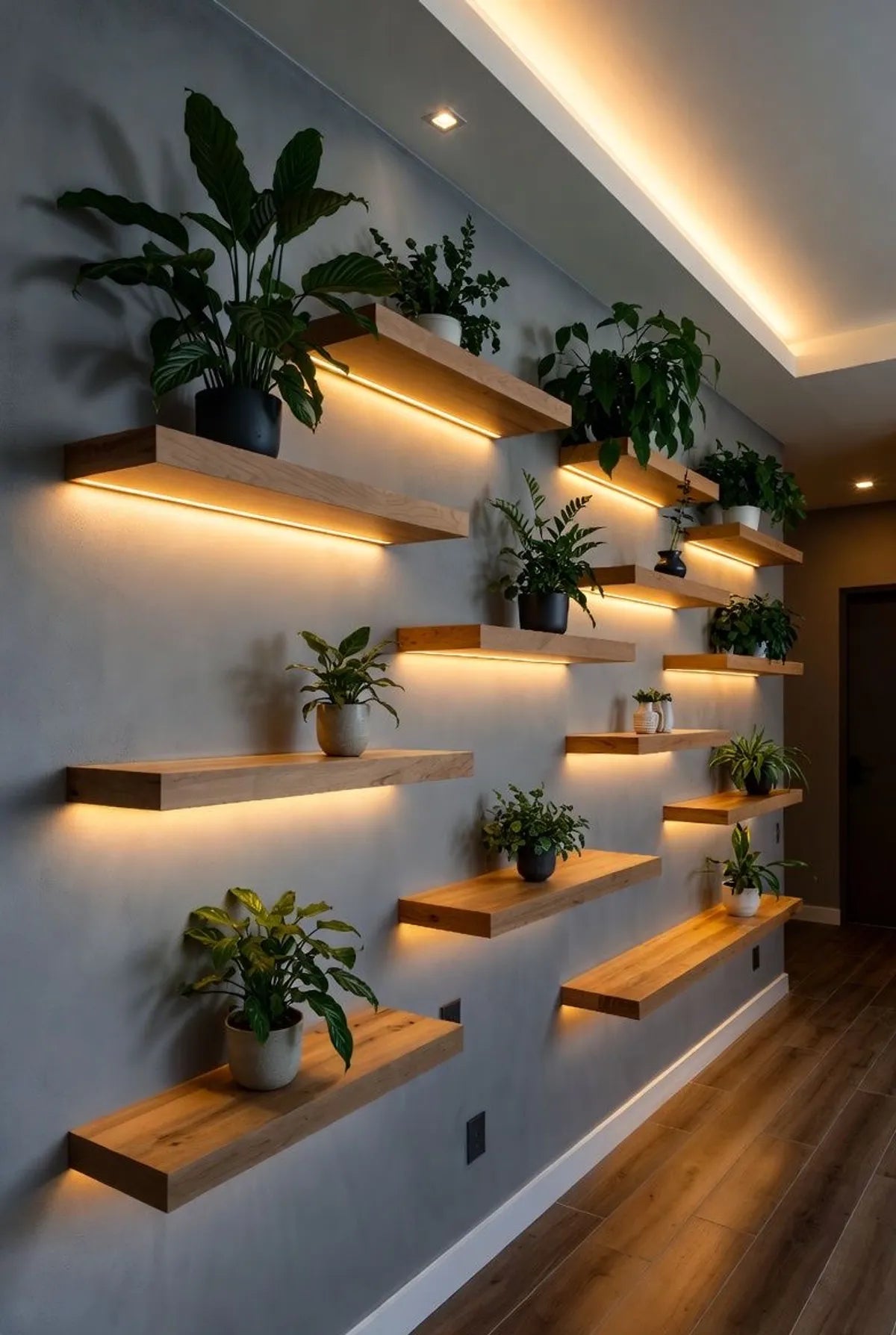 Wooden shelves with plants against a wall in a modern interior setting
