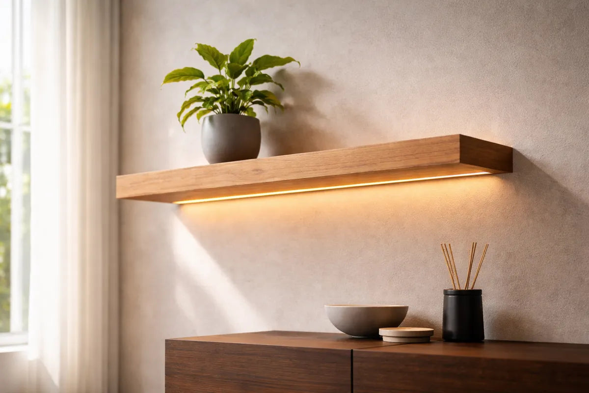 Solid wood floating wall light shelf with warm LED – modern wall sconce lighting by Nixwoods”