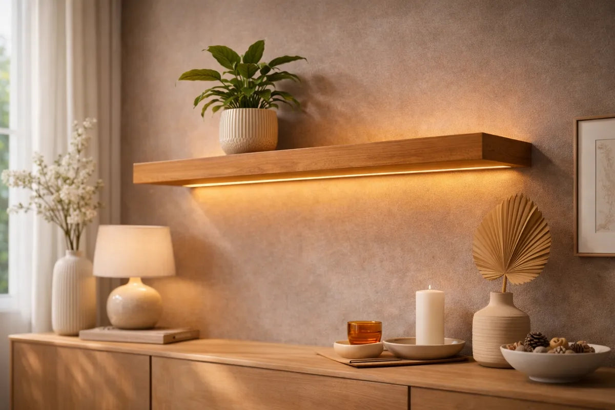 Solid wood floating wall light shelf with warm LED – modern wall sconce lighting by Nixwoods”