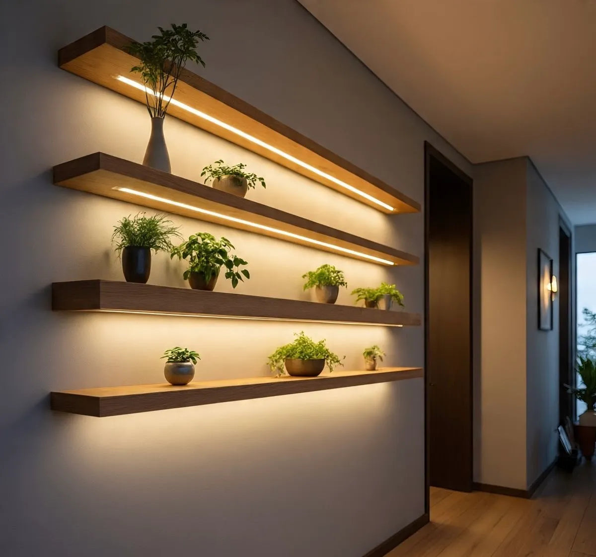 Wooden shelves with plants and built-in lighting on a wall.