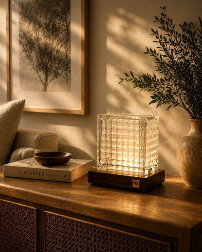 Rubik's Cube glass lamp on a solid Sheesham wood base in a warm home setting – NixWoods