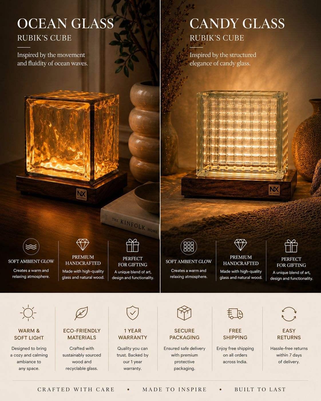 Handcrafted Rubik's Cube Sheesham wood table lamp glowing warm on a desk – NixWoods