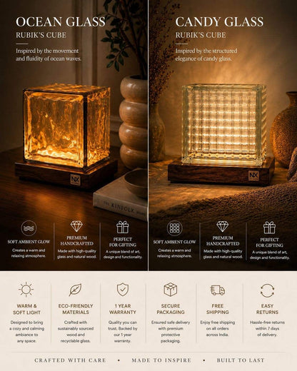 Handcrafted Rubik's Cube Sheesham wood table lamp glowing warm on a desk – NixWoods