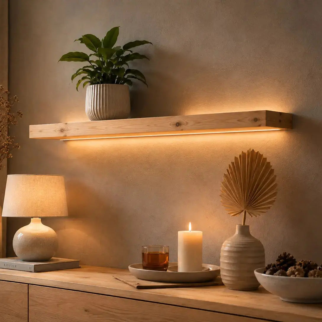 Wooden floating wall light shelf with a plant and candle above a sideboard