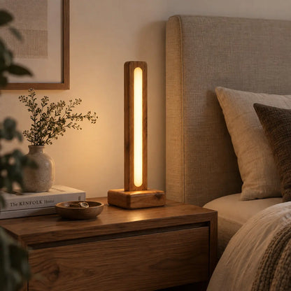 Luma Pillar wooden table lamp lit on a bedside table beside books and a vase — NixWoods