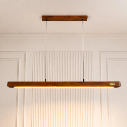 Wooden linear pendant light seen from below with ceiling canopy and twin black cables